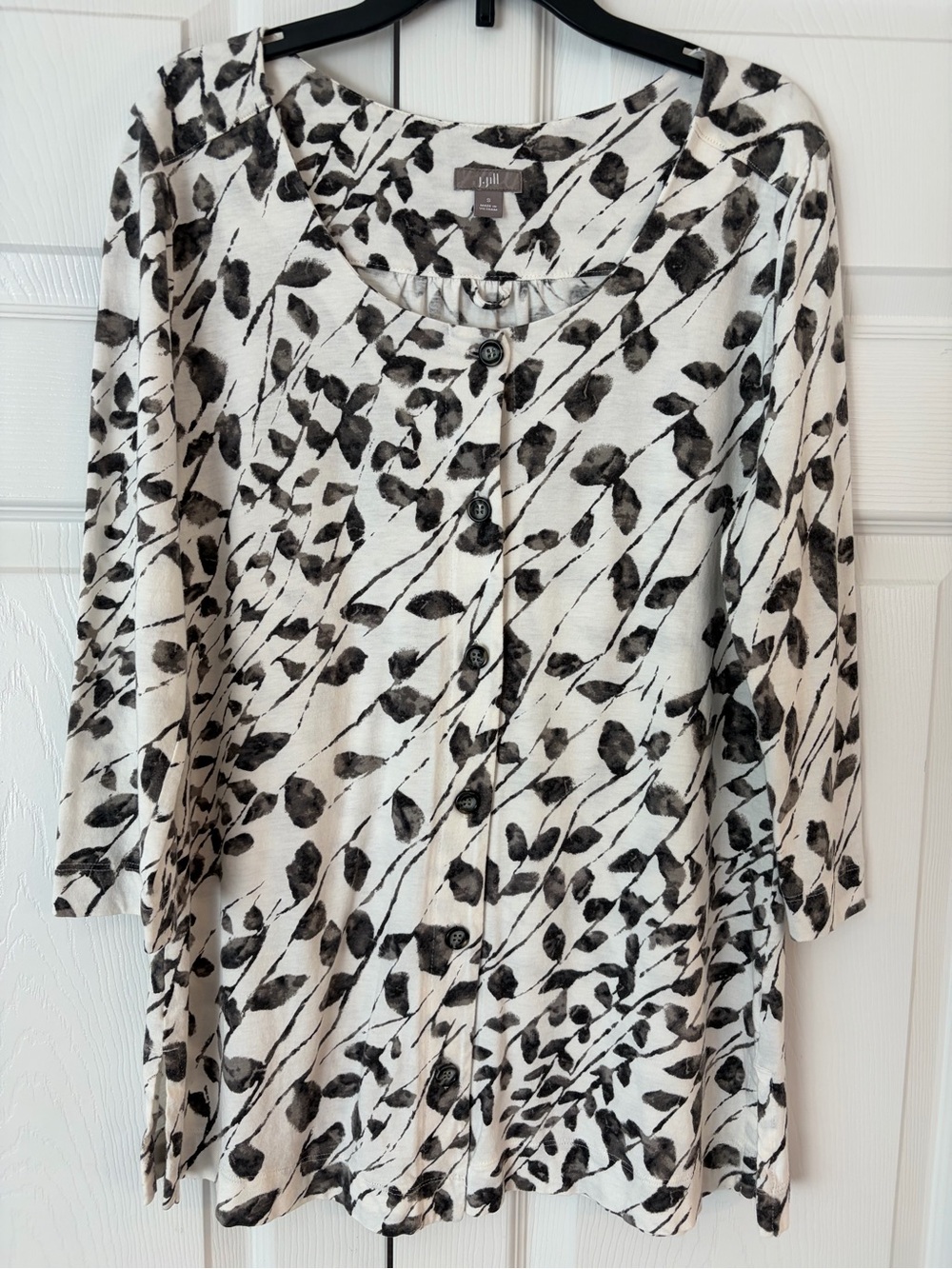 NWOT J.Jill Gray Flower Print Cotton Button Up Tunic Blouse Shirt Size S